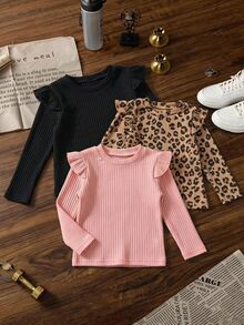 3pcs Young Girl 4-8Y Streetwear Ruffle Leopard Rib-Knit Long Sleeve Cozy Fleece Hoodies Tops Tees School Outdoor Play Fall Winter - Multicolor - View 6