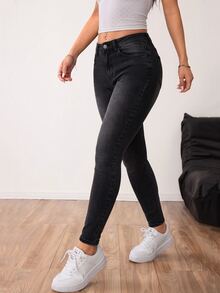 SHEIN PETITE 女款時尚鈕扣口袋緊身牛仔褲 - 黑色 - 查看 1