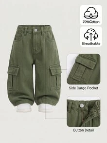 SHEIN 男嬰時尚鈕扣口袋工裝牛仔長褲 - 軍綠色 - 查看 3