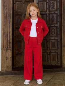 Hapijoa Tween Girl Button Long Sleeve Jacket And Loose Long Pants Denim Set - Red - View 6