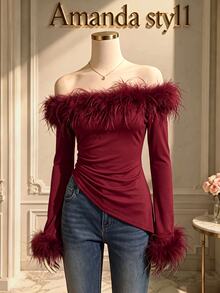 GlowEve Fashionable New Autumn/Winter Elegant Off-Shoulder Long Sleeve Fur Patchwork Women's T-Shirt - Burgundy - View 1