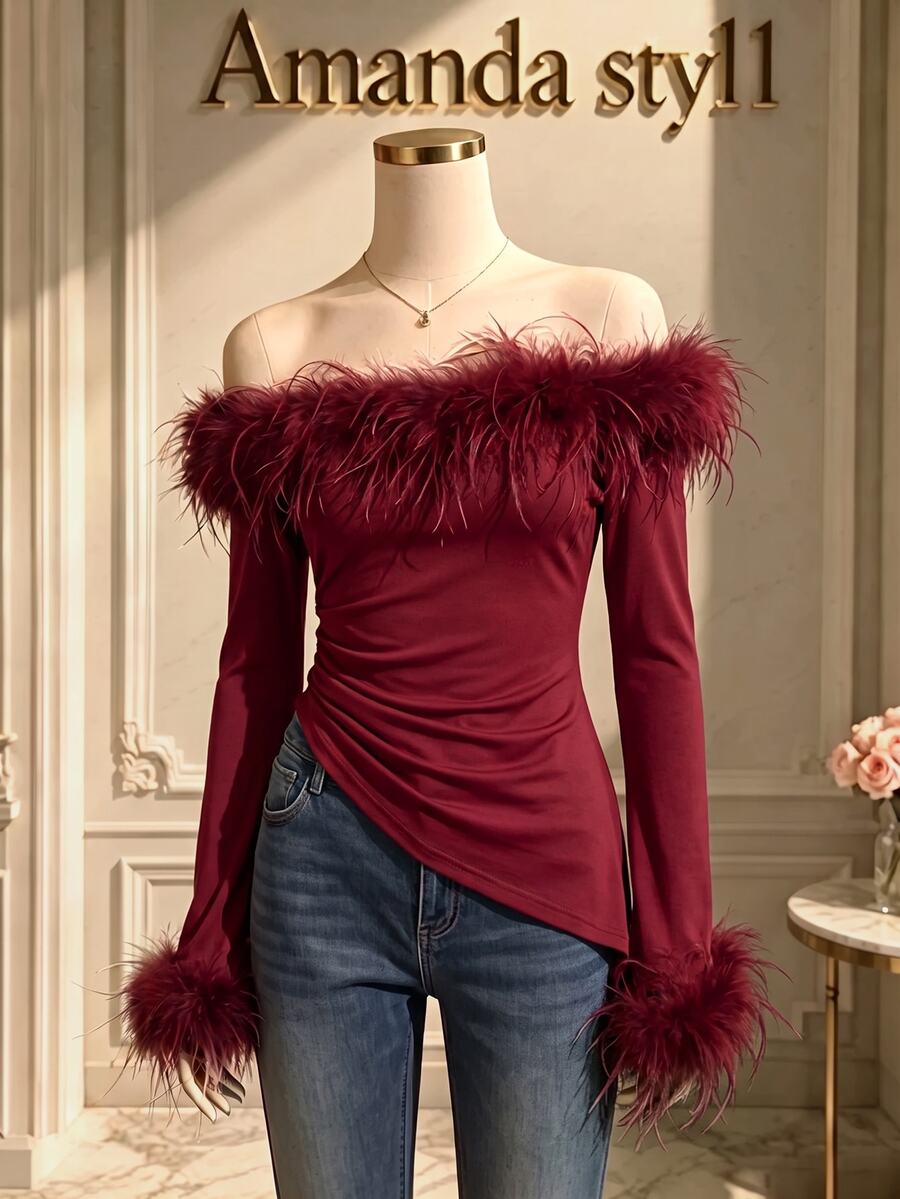 GlowEve Fashionable New Autumn/Winter Elegant Off-Shoulder Long Sleeve Fur Patchwork Women's T-Shirt - Burgundy - View 1