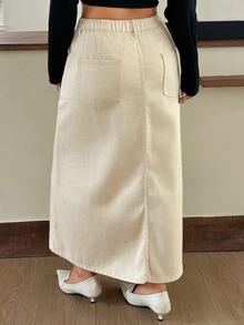 Dazy Plus Autumn New High Waist Solid Color Asymmetric Patchwork Loose A-Line Denim Long Skirt - Apricot - View 7