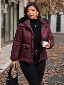 Reflora Plus Size Winter Zipper Pocket Long Sleeve Hooded Padded Coat - Burgundy - View 4