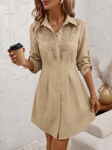 SHEIN Clasi 女款素色對比蕾絲荷葉袖優雅襯衫洋裝 - 駝色 - 查看 3
