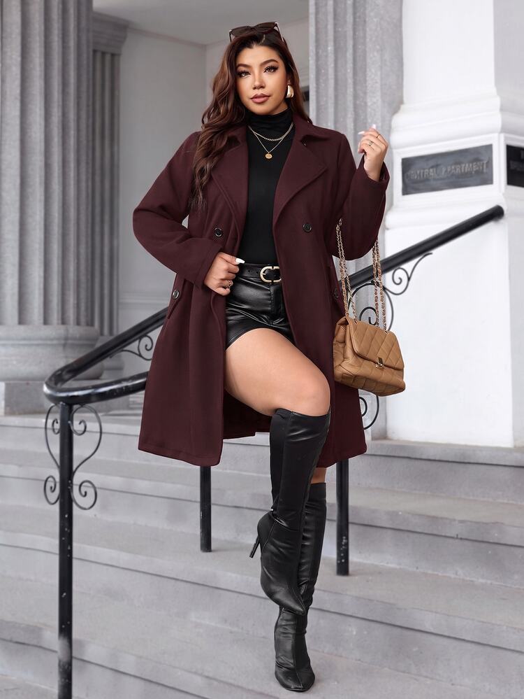 SHEIN Clasi Plus Size Women's Elegant Black Winter Overcoat,Formal Evening Double-Breasted Long Jacket,Quilted Lining Warm Cold-Proof Knotted Waist Office Coat - Burgundy - View 3