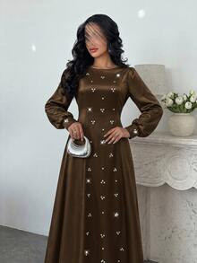 Yasmyna Women Spring Fall Winter Elegant Slim Fit Modest Dark Brown Satin Round Neck Beaded Rhinestone Long Sleeve Fitted Waist Flowy MaxiDressForBanquetParty - Coffee Brown - View 8