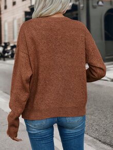 SHEIN 女款素色休閒日常長袖針織衫 - 鏽棕色 - 查看 2