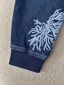 GlowEve Fall Casual Vintage Loose Zip Up Embroidered Flower Blue Denim Going Out Denim Top For Women - Blue - View 5