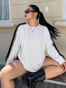 Muchica Plus Size Striped Colorblock Minimalist Long Sleeve T-Shirt For Daily Wear - White - View 1