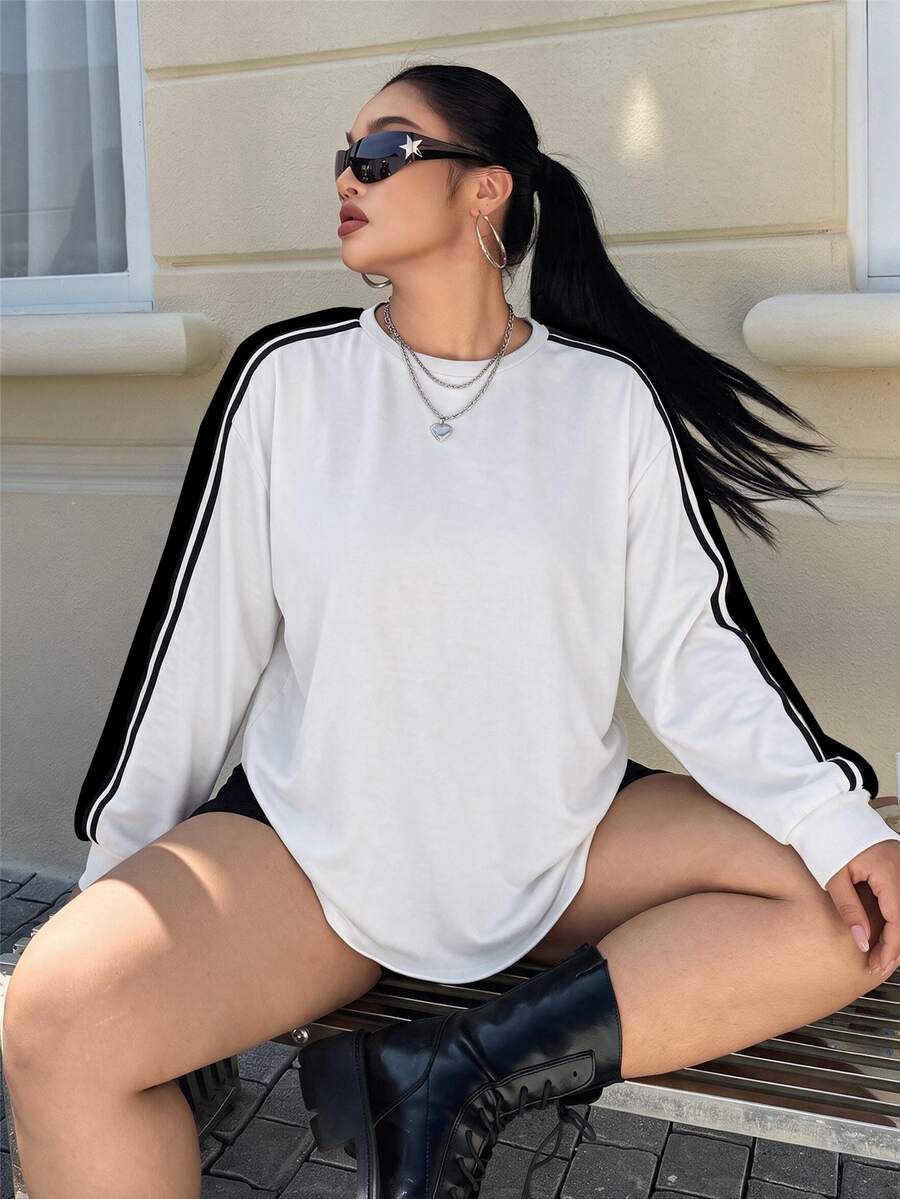 Muchica Plus Size Striped Colorblock Minimalist Long Sleeve T-Shirt For Daily Wear - White - View 1