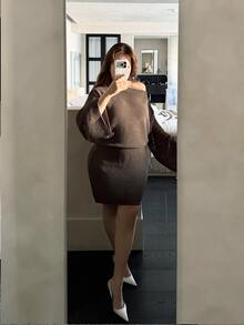 Vibekara Autumn/Winter Asymmetrical Shoulder Hollow-Out Slimming Bodycon Knit Mini Dress - Maroon - View 3