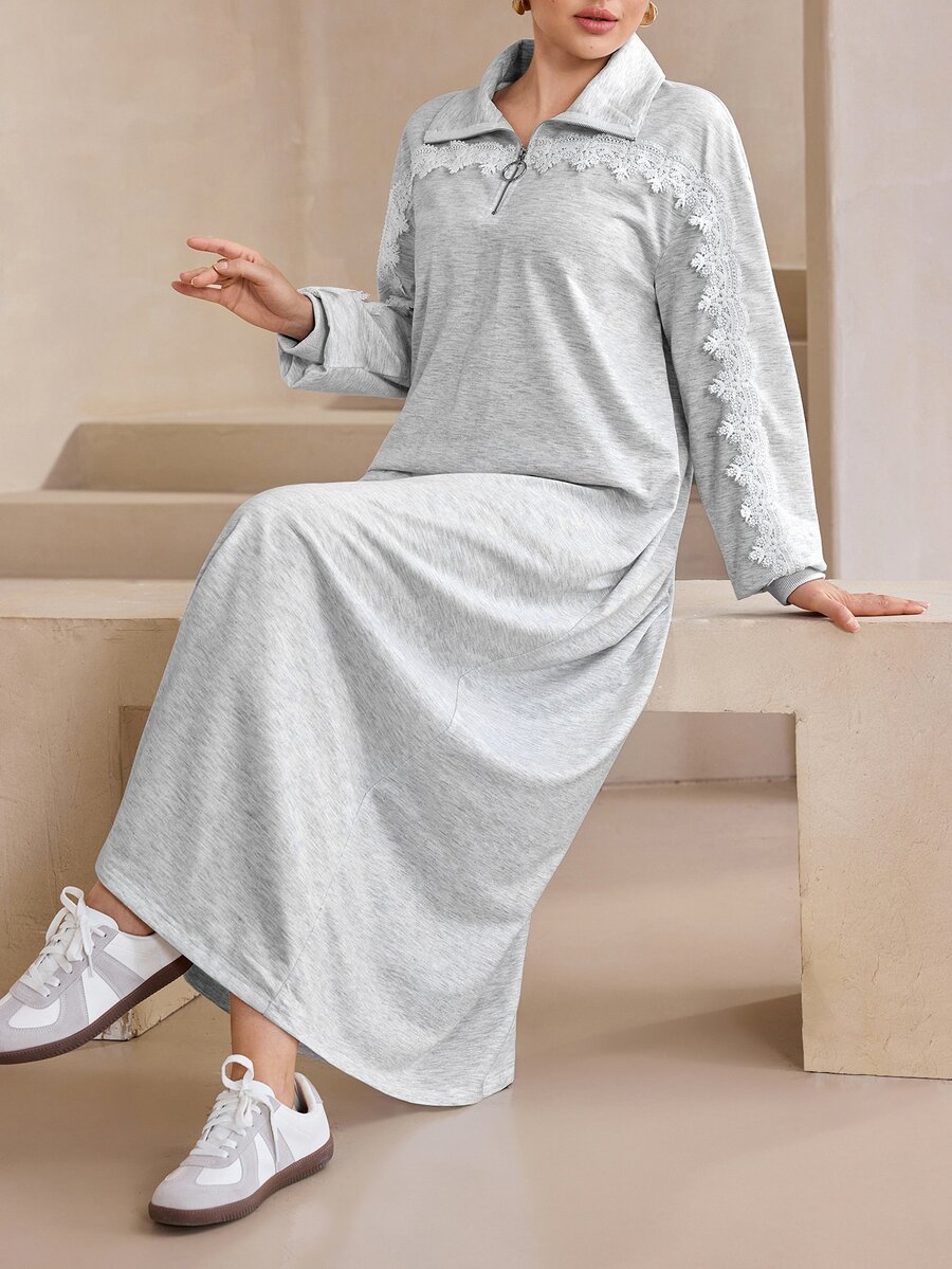 Graceveil Autumn/Winter Lapel Lace Patchwork Half-Zip Long Sleeve Loose Slimming Slouchy Long Sweatshirt Dress - Grey - View 1