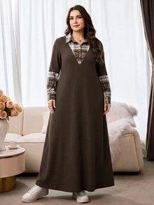 Al Najma Plus Size Women's Patchwork Plaid Collar Long Sleeve Arabian Dress - Multicolor - View 3