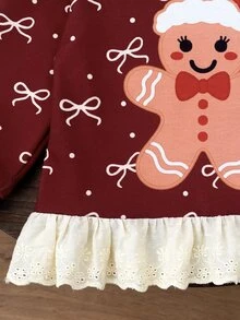 SHEIN Infant Girls Christmas Long Sleeve Top, Gingerbread Man & Bowknot Pattern Lace Ruffle Hem Blouse - Burgundy - View 7