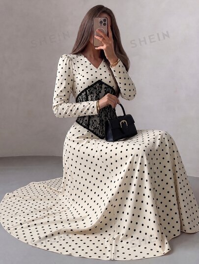 Modelyn Women V-Neck Puff Sleeve Polka Dot Dress, Contrast Lace Corset Waist Flowy Long Dress, Elegant Fall Winter Wedding Guest & Holiday Party Dress