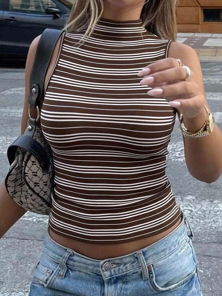 DAZY Half-High Neck Brown & White Striped Sleeveless Knit Vest - Brown - View 5