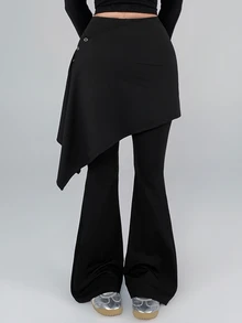 DAZY Autumn Korean Style Asymmetrical Peplum Skirt Black Long Pants Casual Street Fitness Women's Sports Leggings - Black - View 7