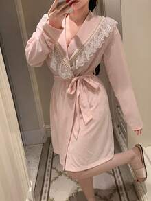 DAZY Women's Lace Patchwork Lapel Cardigan Long Sleeve Robe - Pink - View 4