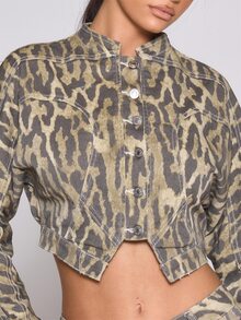 MUSERA Leopard Printed Button Through Seamed Cropped Denim Coord Jacket Autumn Winter Fall Coolgirl Holiday Everyday Roadside Renegade - Multicolor - View 5