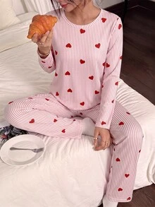 Dream Adore Women's Striped Heart Print Long Sleeve & Long Pants Pajama Set - Multicolor - View 4