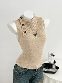 Elamini Women's Casual Versatile Design Collar Vintage Commute Daily Wear Autumn/Winter Slim Fit Sweater Vest - Khaki - View 3