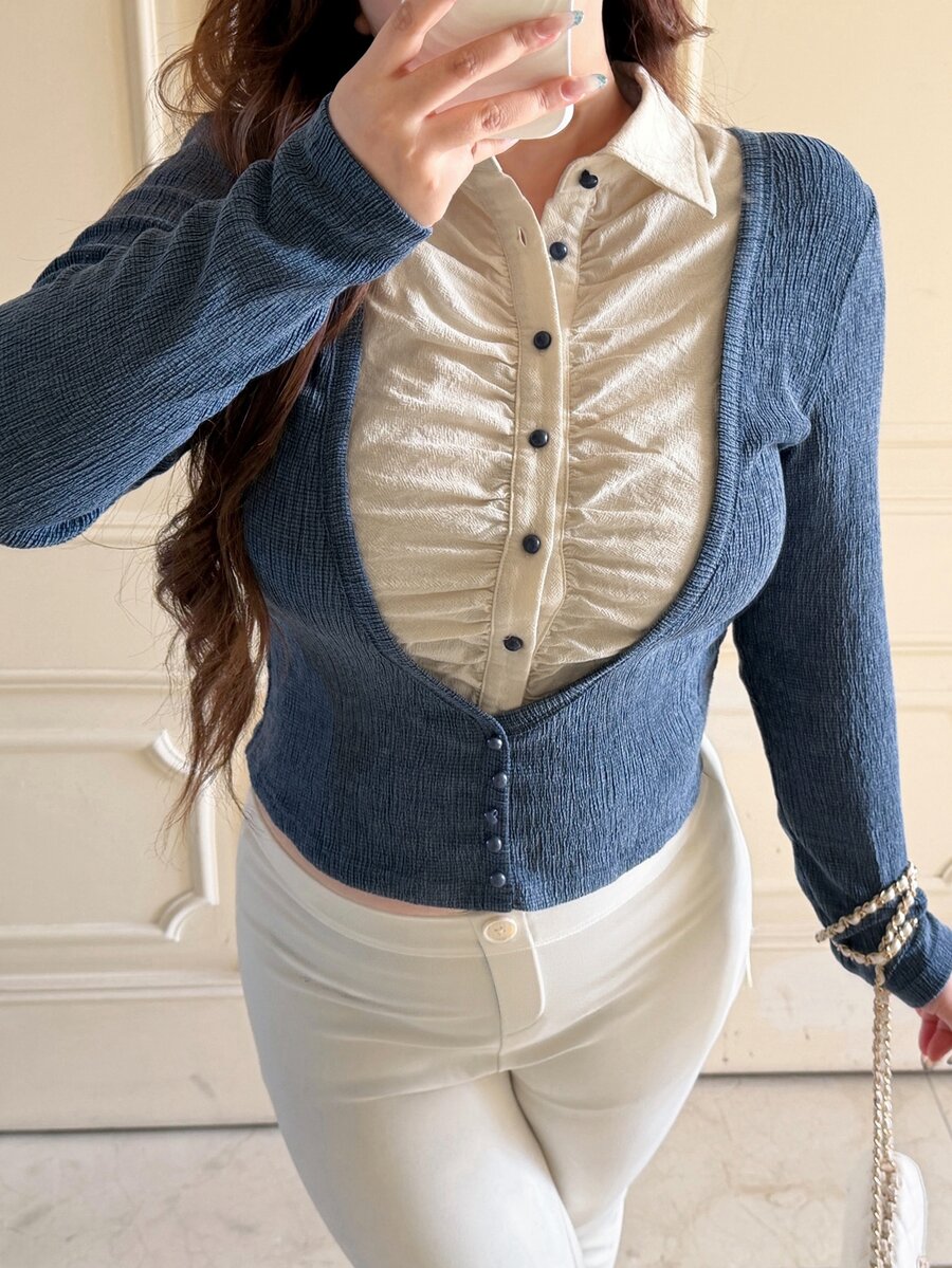 Dazy Plus Korean Style Fitted Colorblock Patchwork 2 In 1 Slim Long Sleeve T-Shirt Date Night Birthday Fall Casual Loose Fit - Blue - View 1