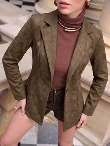 Lavishia 摩卡棕色 PU 彈性修身通勤街頭時尚女款西裝外套 - 棕色 - 查看 4