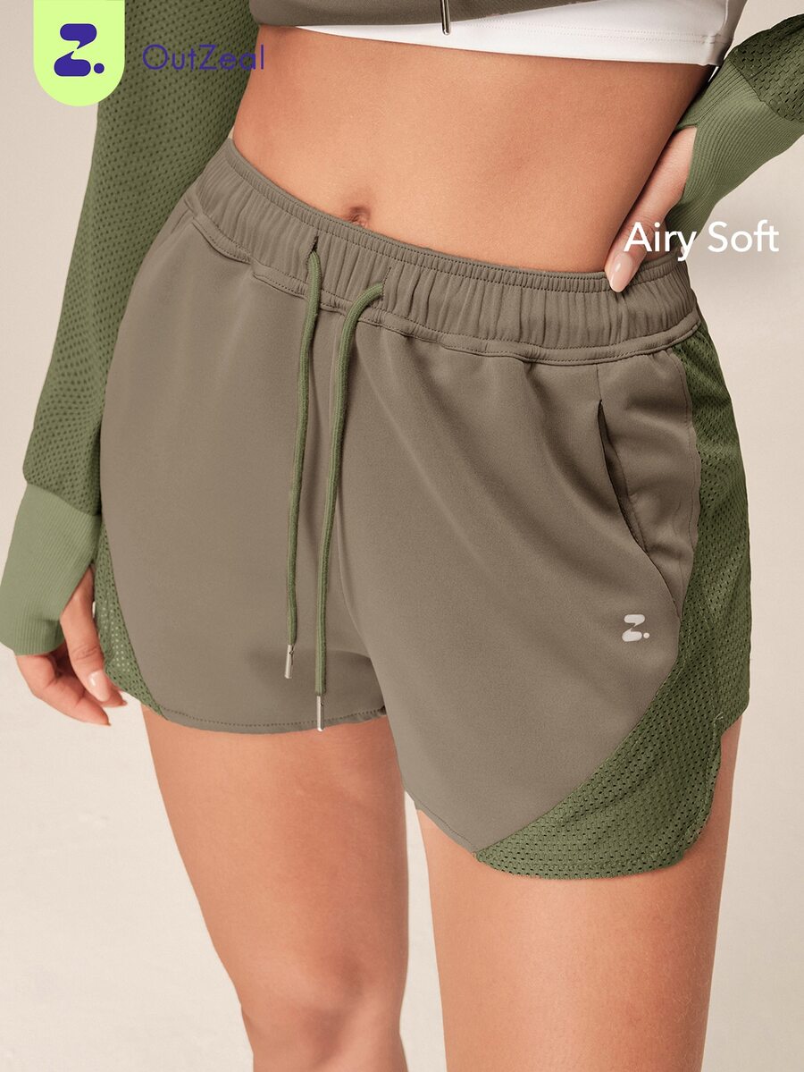 OutZeal Women Outdoor Green Shorts Gym Running Workout Elastic Waist Mesh Panel With Pockets - Green - View 1
