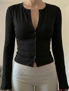 DAZY 女款半開襟前領長袖修身貼身T恤 - 黑色 - 查看 7
