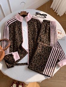 SHEIN EZwear 大尺碼女款豹紋拼色長袖上衣與長褲休閒日常套裝 - 彩色 - 查看 11
