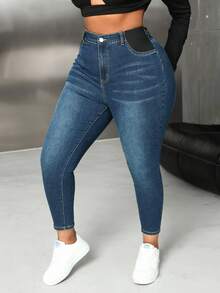 SHEIN PETITE CURVE 大尺碼女款高腰修身休閒百搭牛仔褲 - 中等水洗藍 - 查看 5