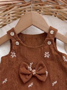 SHEIN 新生兒嬰兒蝴蝶結裝飾花卉刺繡圖案休閒日常洋裝 - 棕色 - 查看 6