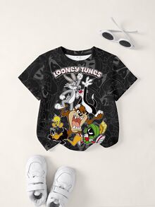 LOONEY TUNES X SHEIN تي شيرت كاجوال للأولاد الصغار بطبعة كرتونية للأحرف، بياقة دائرية وأكمام قصيرة - أبيض - مشاهدة 1