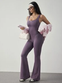 SHEIN Dewbera Minimalist Casual Sports One-Piece Flared Pants - Bold Plum - View 6