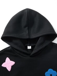 SHEIN 1件青少年男孩寬鬆休閒極簡高街設計 3D毛巾刺繡拼接多彩多圖案套頭衛衣，舒適面料，獨特版型，秋冬新款，適合多種場合 - 黑色 - 查看 3