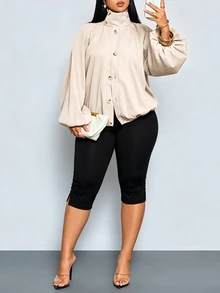 SOLERSUN Plus Size Women's Minimalist Silhouette Stand Collar Lantern Sleeve Lightweight Flight Jacket, Versatile Fashion Outerwear - Apricot - View 2