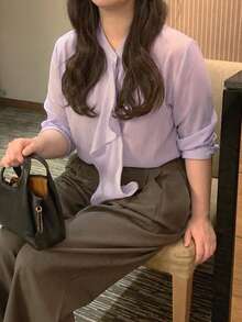 Dazy Plus Solid Color Loose Fit Asymmetrical Collar Long Sleeve Elegant Formal Vacation Spring Autumn Blouse Shirt - Dusty Purple - View 7