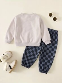 SHEIN 中性嬰兒男/女童、幼兒 2件組秋冬休閒可愛格紋運動衫套裝，嬰兒運動服，嬰兒冬季衣物 - 彩色 - 查看 2