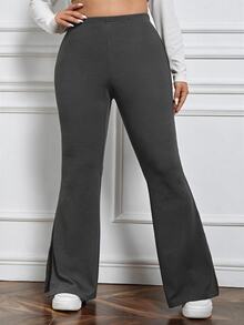 SHEIN EZwear 秋冬休閒深灰色大尺碼女款側開衩喇叭褲 - 深灰色 - 查看 4