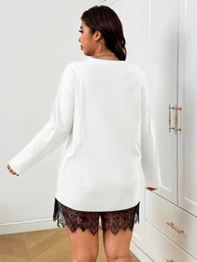 SHEIN EZwear 秋冬白色大尺碼女款休閒洋裝，蕾絲下擺拼接設計 - 白色 - 查看 2