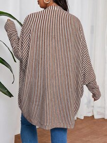 SHEIN Frenchy 大尺碼女款休閒寬鬆羅紋刷毛針織開襟外套，日常外出穿搭，秋冬休閒外套 - 咖啡棕 - 查看 3