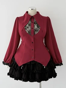 Sunspun Plus Size Dark Style Shirt Collar Lace Patchwork Puff Long Sleeve Blouse - Burgundy - View 6