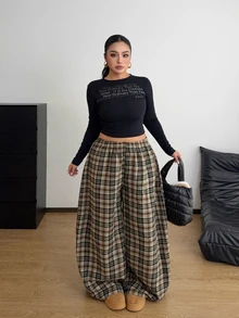 POPSWAY Plus Size Women's Elastic Waist Wide Leg Loose Casual Plaid Pants - Multicolor - View 3
