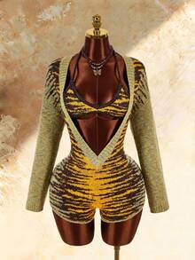 Amplova Women's Tiger Print Deep V-Neck Long Sleeve Knit Romper And Cropped Halter Knit Top 2 Pieces Set - Green - View 3