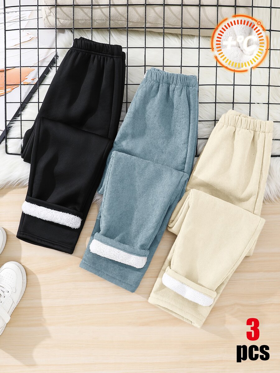 SHEIN 3件/組買2送1兒童青少年男孩休閒多功能厚磅燈芯絨長褲,適合秋冬、學校、家庭聚會、運動,秋季服飾,冬季服飾 - 彩色 - 查看 1