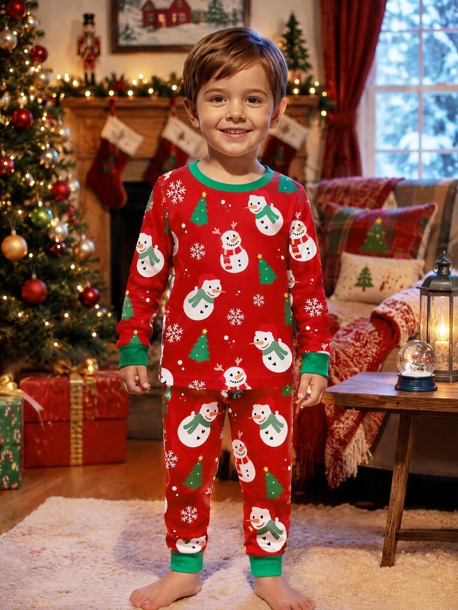 Young Boy Classic Casual Long Sleeve & Long Pants Snug Fit Loungewear, Classic Christmas Pattern Print, Classic Christmas Deer Pattern Print, Classic Santa Claus Pattern Print, Christmas Gift Pattern Print, Cartoon Christmas Tree Pattern Print, Classic Christmas Snowflake Pattern Print, Suitable For Autumn/Winter, Suitable For Christmas - Multicolor - View 1