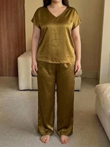 Dazy Plus Satin Loose Elegant Long Pants Loungewear 2-Piece Pajama Set - Yellow - View 3