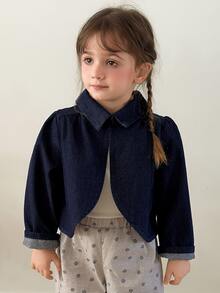 Hapijoa Young Girl Vacation Pleated Long Sleeve Denim Jacket Weekend Outing - Dark Wash - View 5