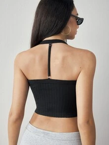 SHEIN Dewbera Women's Solid Color Cropped Halter Neck Tank Top For Daily Fitness And Sports - Black - View 2